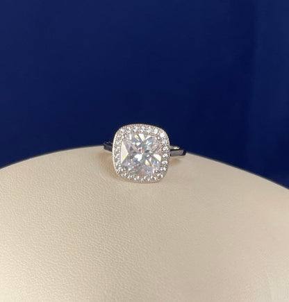 Rhodium-Plated Silver Large Cushion Shape Cubic Zirconia Cluster Ring