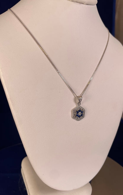 9ct White Gold Sapphire & Diamond Hexagonal Design Pendant Necklace
