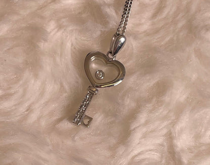 9ct White Gold Key Pendant with Diamond Chips & Floating Diamond