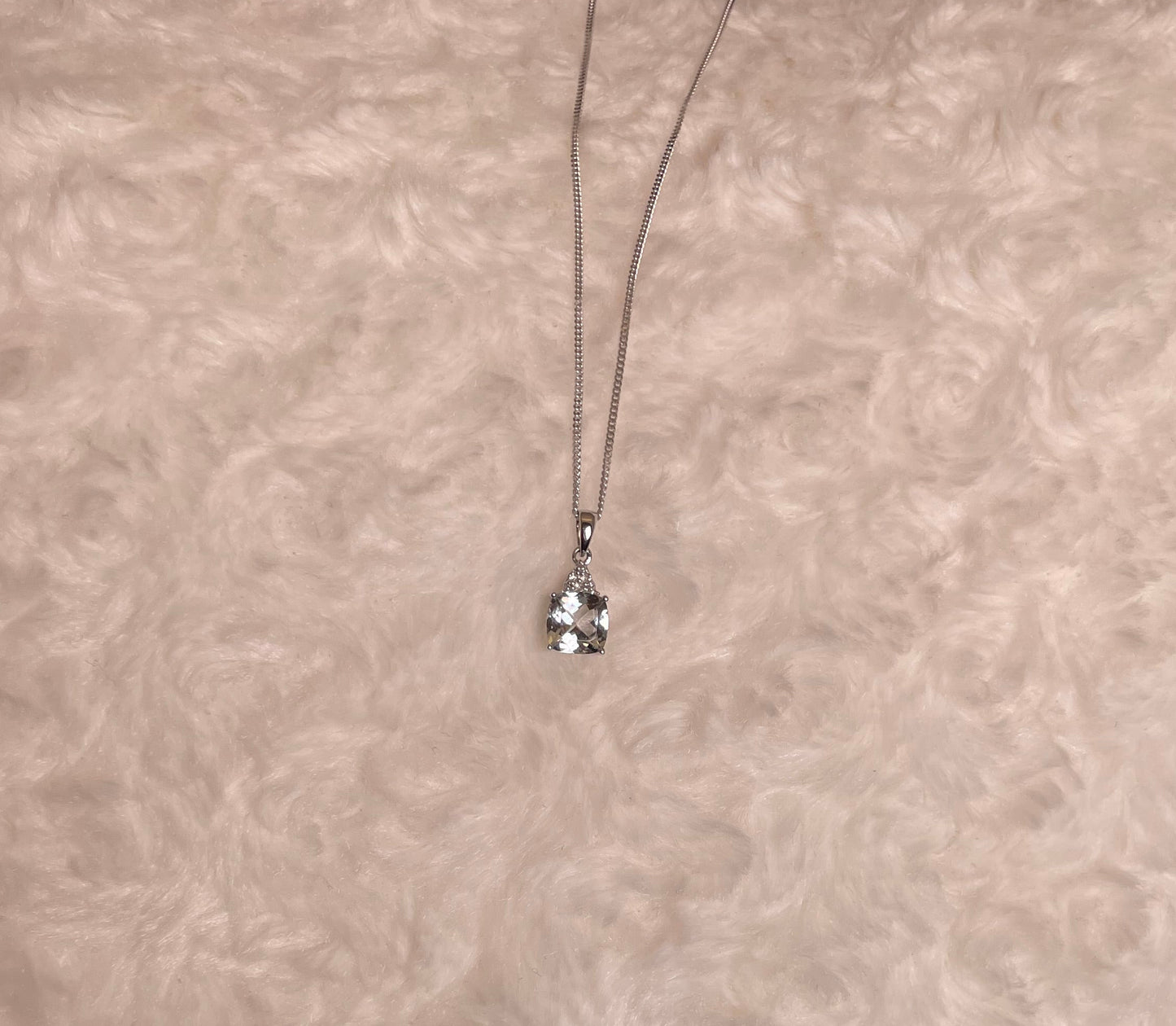 9ct White Gold Cushion Shape Aquamarine with Diamond Chips Pendant Necklace