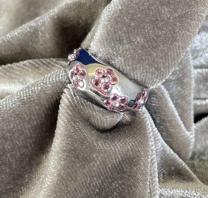 9ct White Gold Dome Dress Ring Set with Five Cluster Pink Sapphire flowers