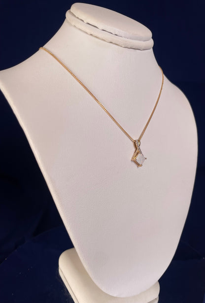 9ct Yellow Gold Square White Opal with Crossover Diamond Bale Pendant Necklace