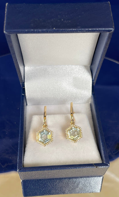 9ct Yellow Gold Green Amethyst & Diamond Set Drop Earrings
