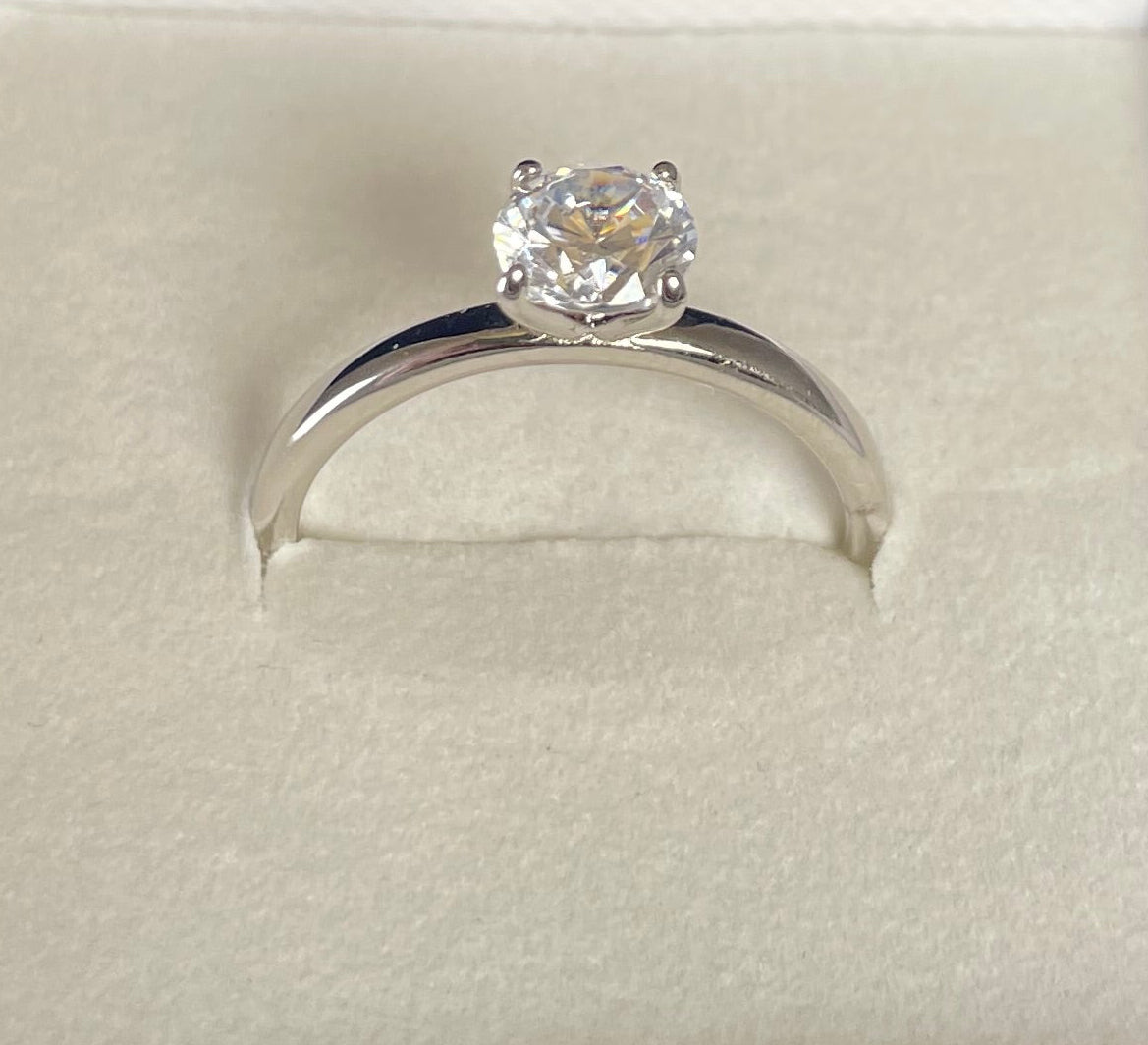 Rhodium-Plated Silver Brilliant Cut Cubic Zirconia Solitaire Ring