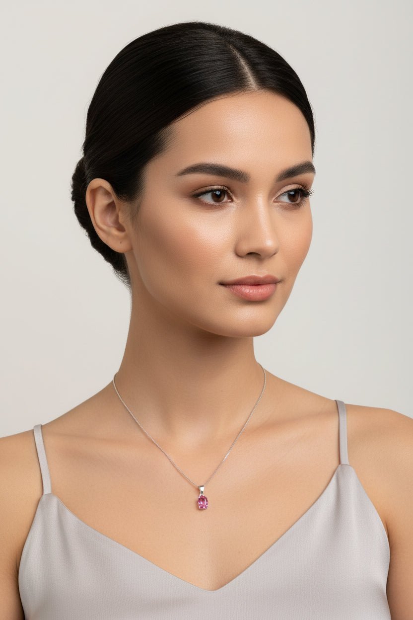 9ct White Gold Oval Pink Sapphire Pendant Necklace