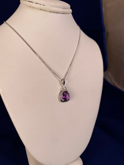9ct White Gold Pear Amethyst & Diamond Pendant Necklace