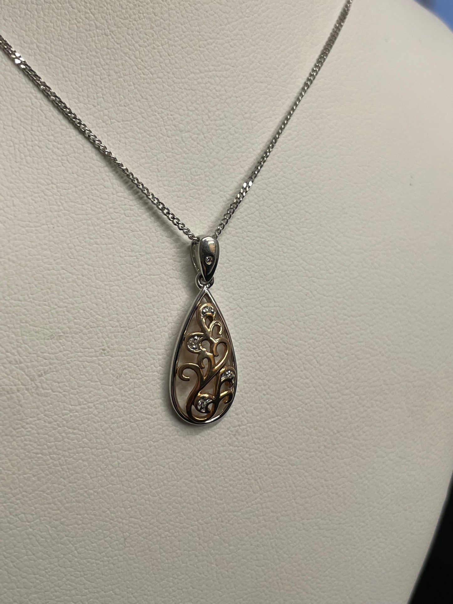 9ct White & Rose Gold Pear Shape Pendant set with Diamonds Necklace