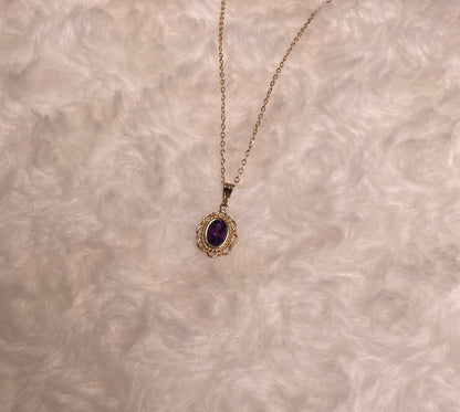 9ct Yellow Gold Rubover Set Oval Amethyst with Filigree Surround Pendant Necklace
