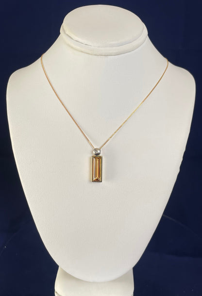 9ct Yellow Gold Baguette Citrine & White Gold Bale with One Diamond Pendant Necklace