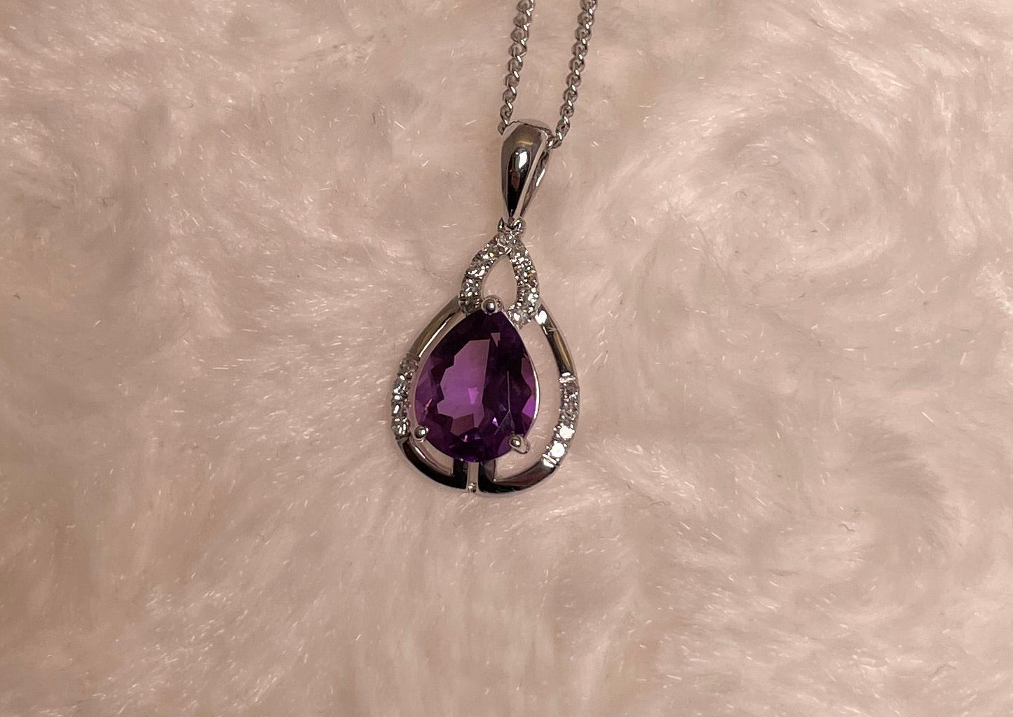 9ct White Gold Pear Amethyst & Diamond Pendant Necklace