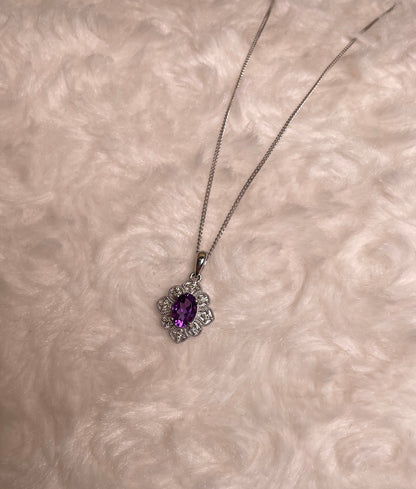 9ct White Gold Amethyst & Diamond Art Deco Pendant Necklace