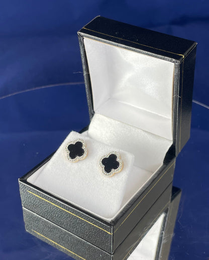 9ct Yellow Gold Onyx & Diamond Clover Earrings