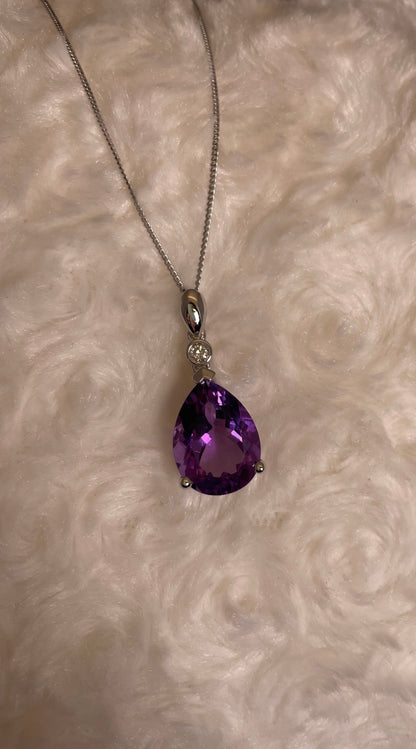 9ct White Gold Pear Shape Amethyst + One Diamond Pendant Necklace