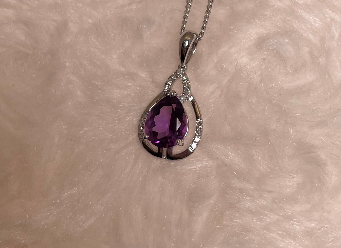 9ct White Gold Pear Amethyst & Diamond Pendant Necklace