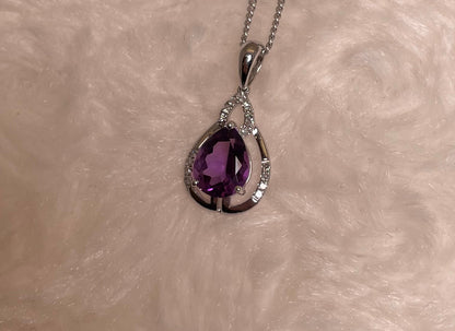 9ct White Gold Pear Amethyst & Diamond Pendant Necklace