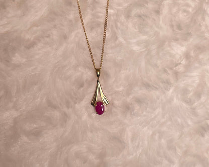 9ct Yellow Gold Oval Ruby Fan Design Pendant Necklace