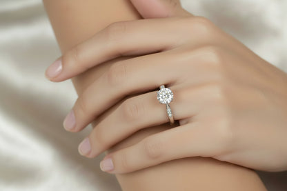 Rhodium-Plated Silver Brilliant Cut Cubic Zirconia Solitaire With Cubic Zirconia On Shoulder