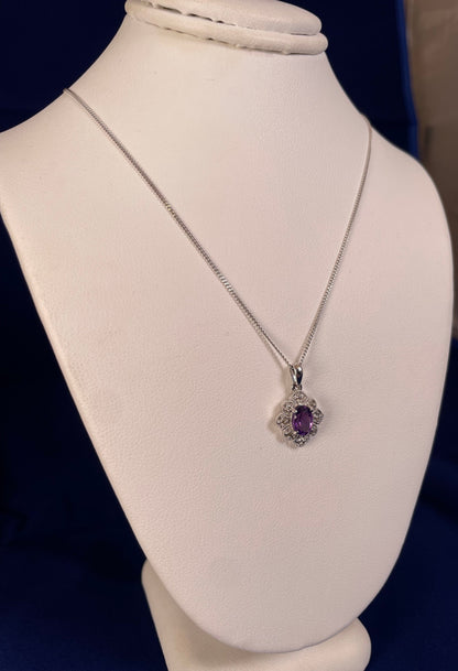 9ct White Gold Amethyst & Diamond Art Deco Pendant Necklace