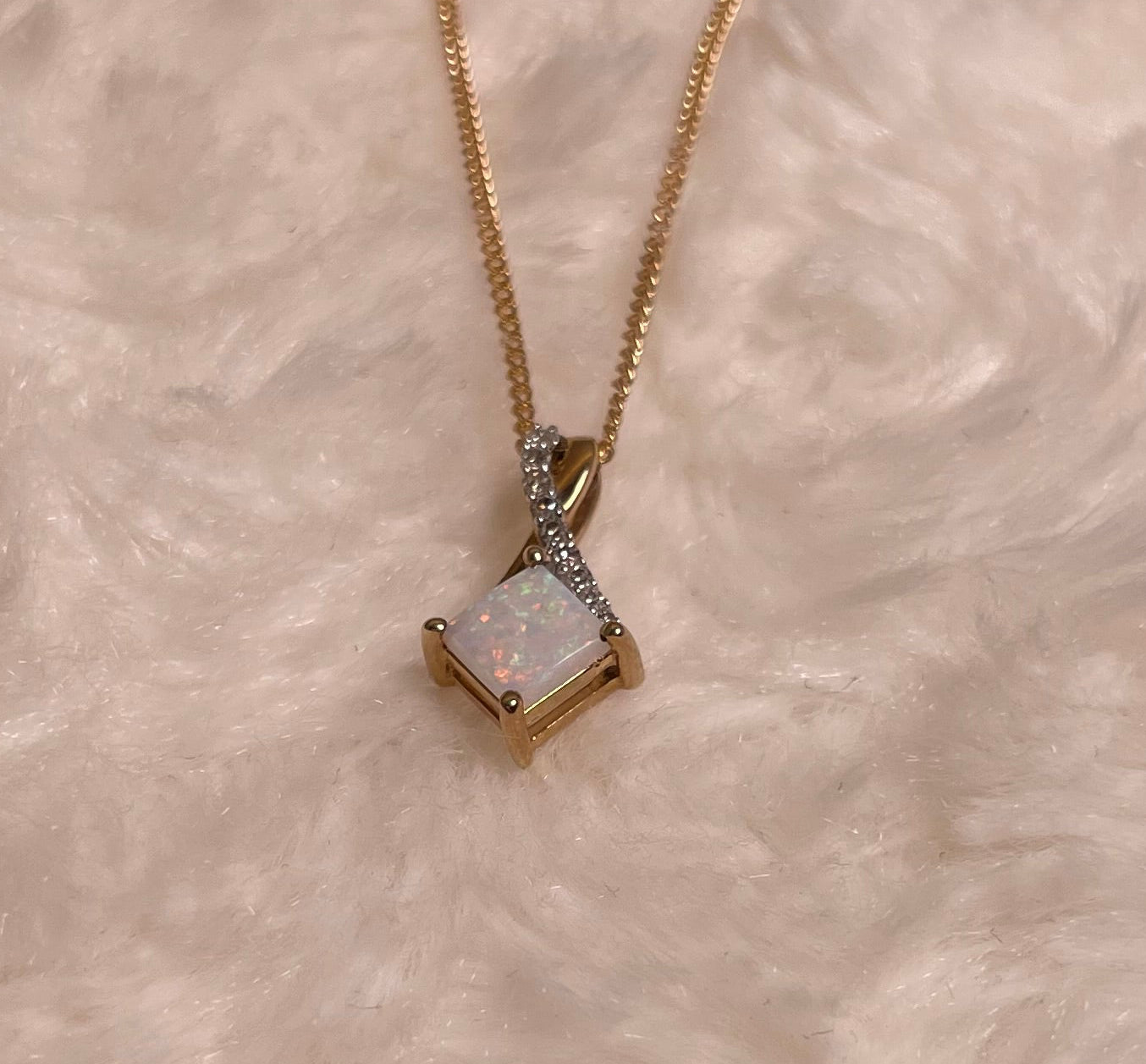 9ct Yellow Gold Square White Opal with Crossover Diamond Bale Pendant Necklace