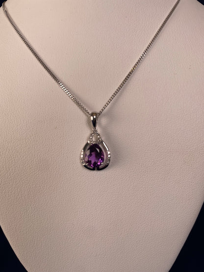 9ct White Gold Pear Amethyst & Diamond Pendant Necklace
