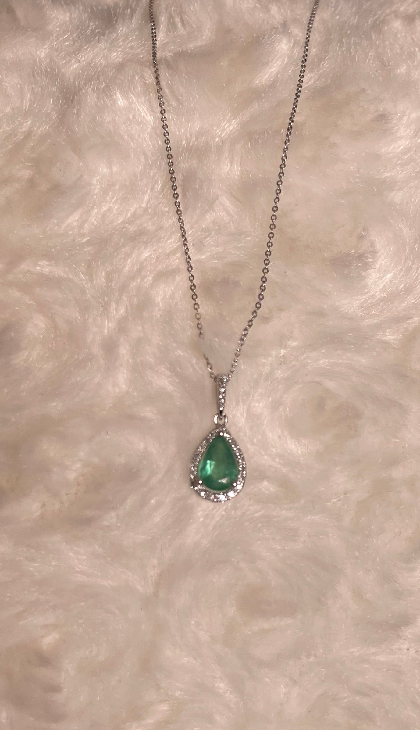 9ct White Gold Emerald & Diamond Cluster Pendant Necklace