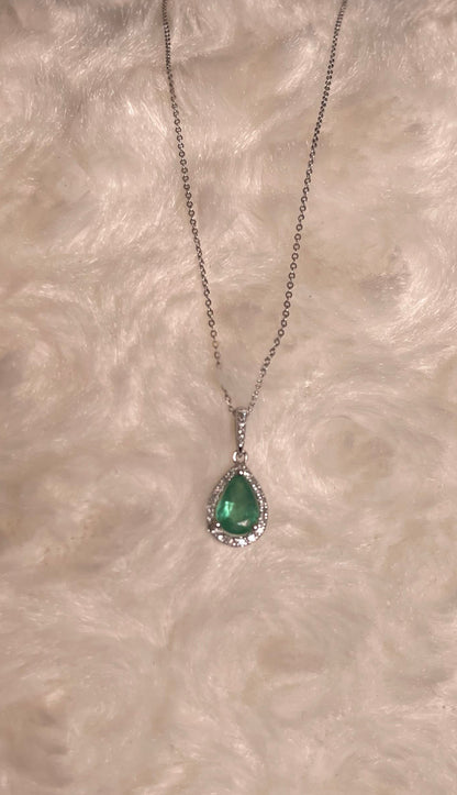 9ct White Gold Emerald & Diamond Cluster Pendant Necklace