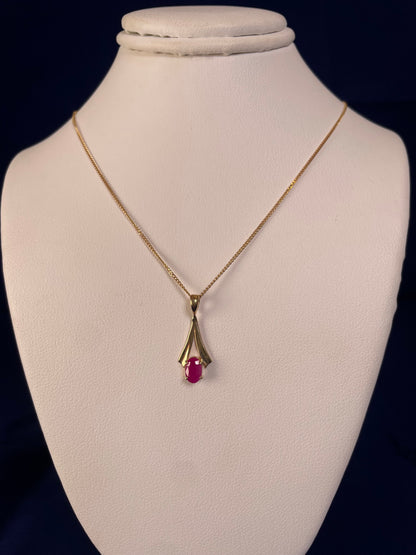 9ct Yellow Gold Oval Ruby Fan Design Pendant Necklace