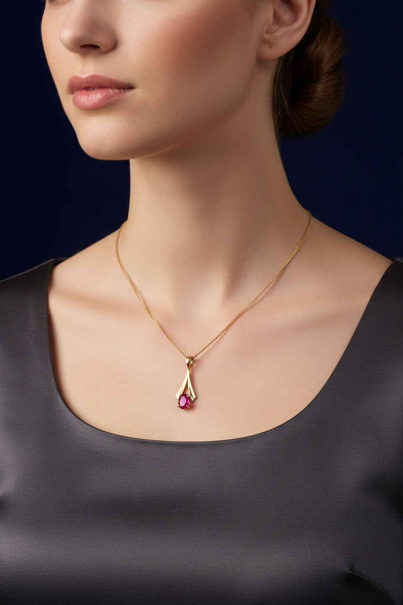9ct Yellow Gold Oval Ruby Fan Design Pendant Necklace
