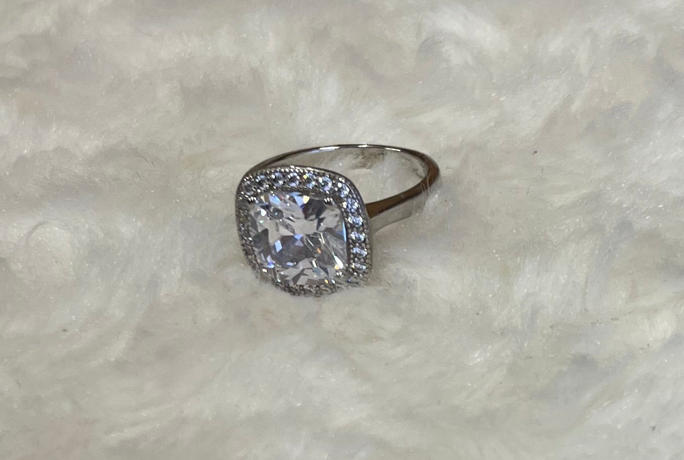Large Cushion Shape Cubic Zirconia Cluster Rhodium Plated Ring