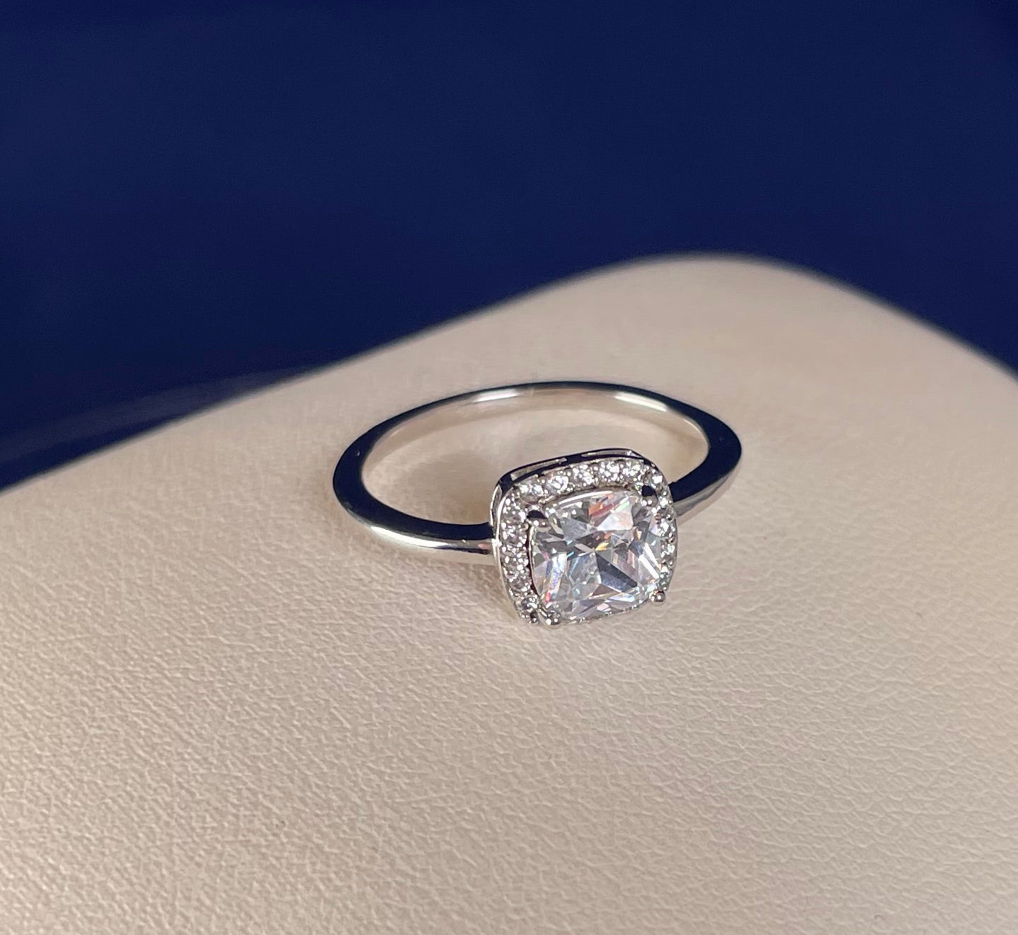 Rhodium-Plated Silver Cushion Shape Cubic Zirconia Cluster Ring