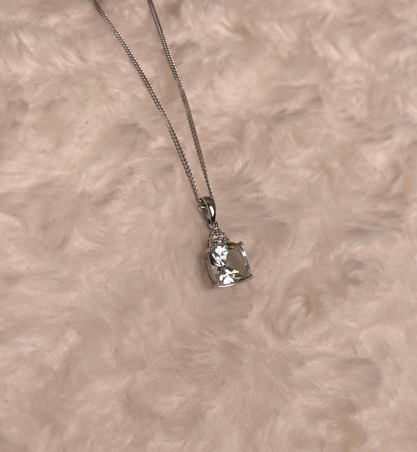 9ct White Gold Cushion Shape Aquamarine with Diamond Chips Pendant Necklace