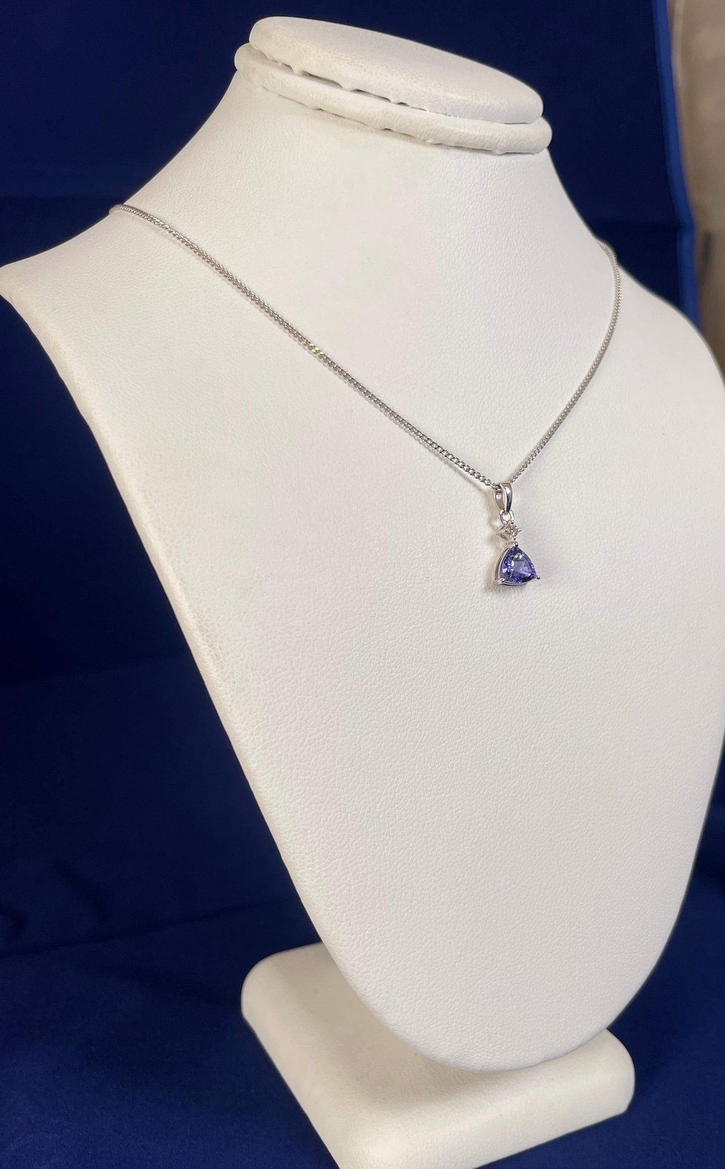 9ct White Gold Triangle Tanzanite Pendant with Small Diamond Necklace