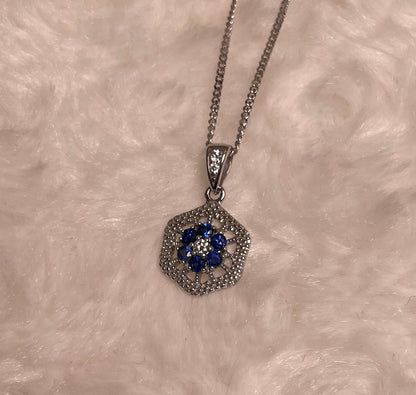 9ct White Gold Sapphire & Diamond Hexagonal Design Pendant Necklace