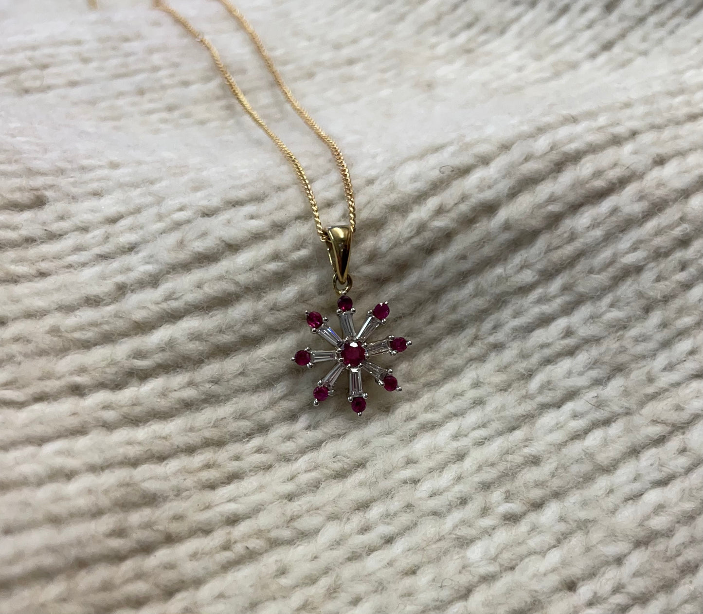 9ct Yellow Gold Diamond & Ruby Snow Flake Pendant Necklace