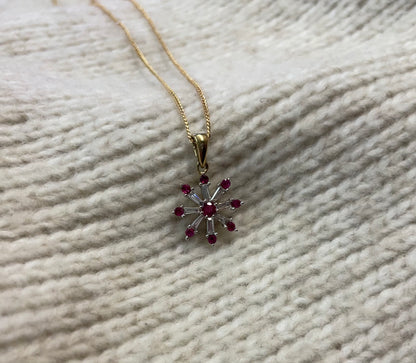 9ct Yellow Gold Diamond & Ruby Snow Flake Pendant Necklace