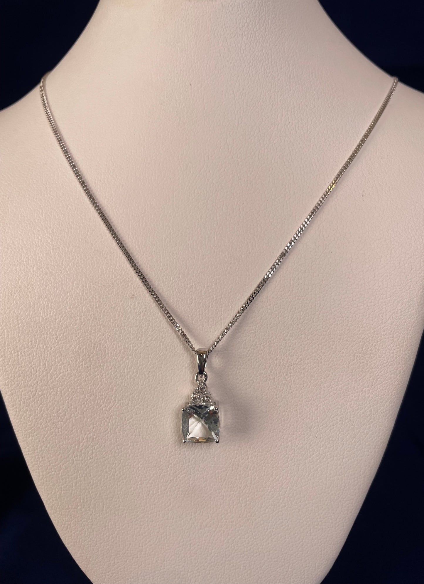 9ct White Gold Cushion Shape Aquamarine with Diamond Chips Pendant Necklace