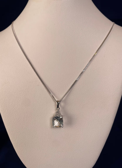 9ct White Gold Cushion Shape Aquamarine with Diamond Chips Pendant Necklace