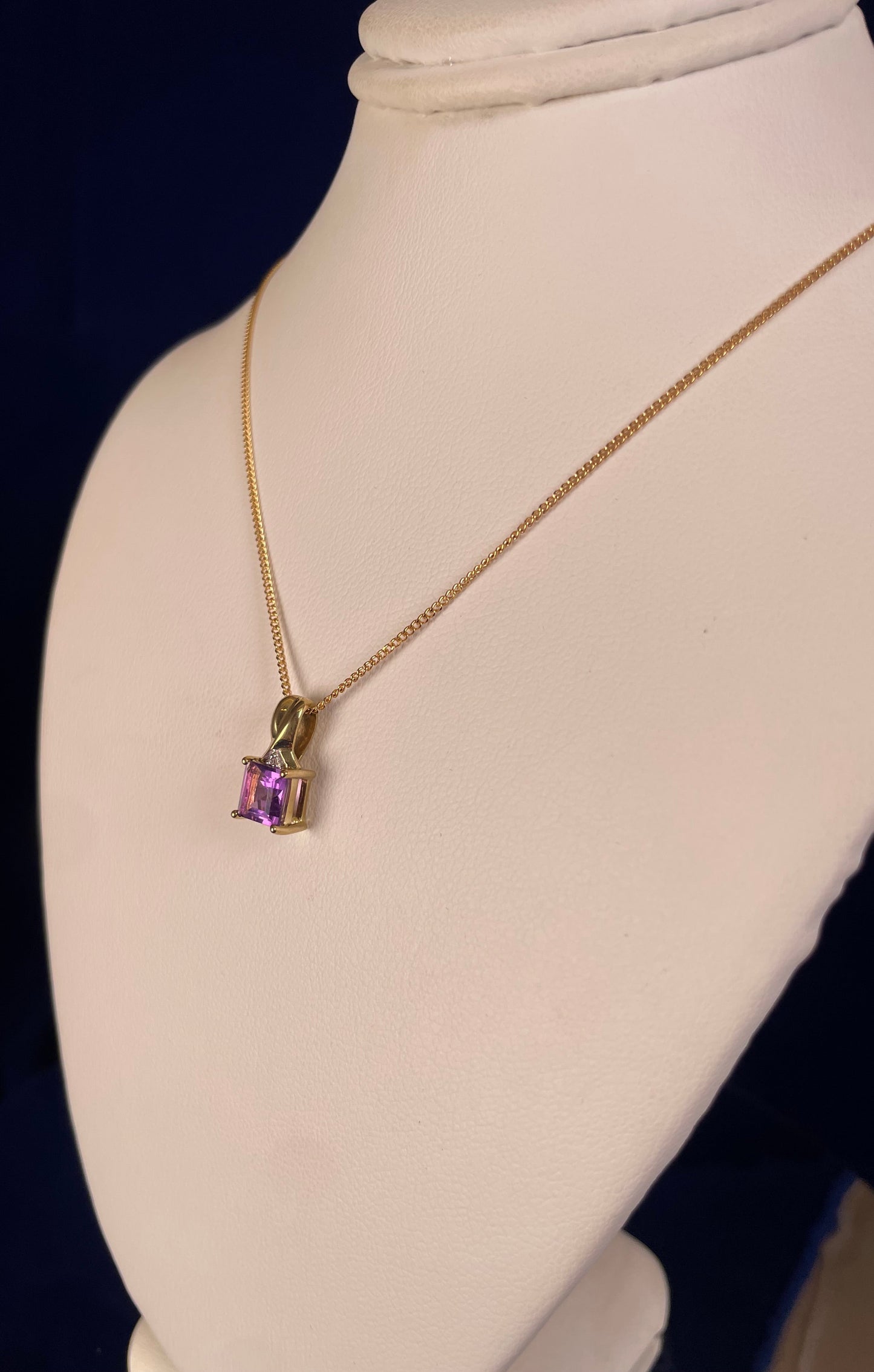 9ct Yellow Gold Square Amethyst with Diamond Chip Pendant Necklace