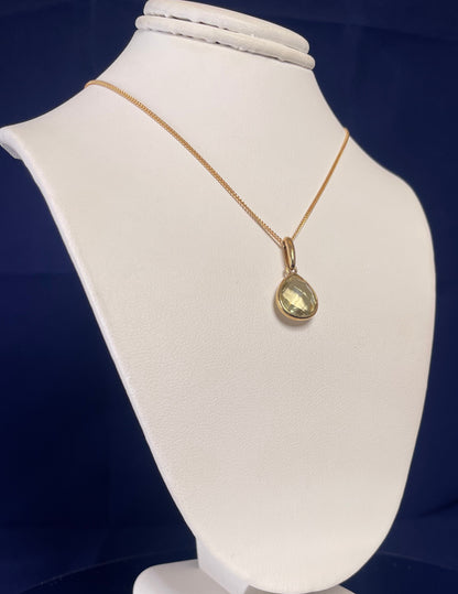 9ct Yellow Gold Pear Shaped Pineapple Cut Lemon Quartz Pendant Necklace