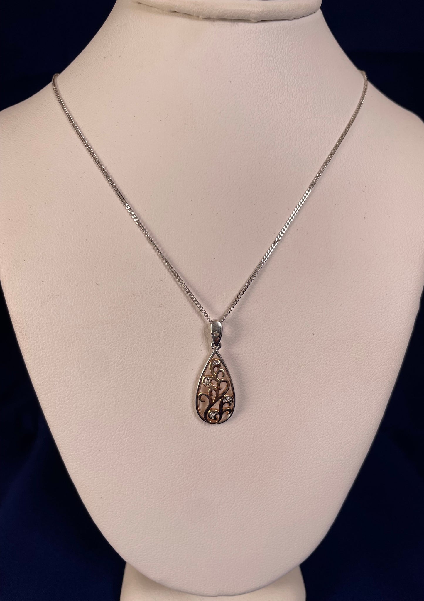 9ct White & Rose Gold Pear Shape Pendant set with Diamonds Necklace