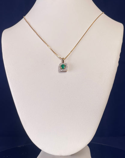 9ct Yellow Gold Emerald With Diamond Cluster Pendant Necklace