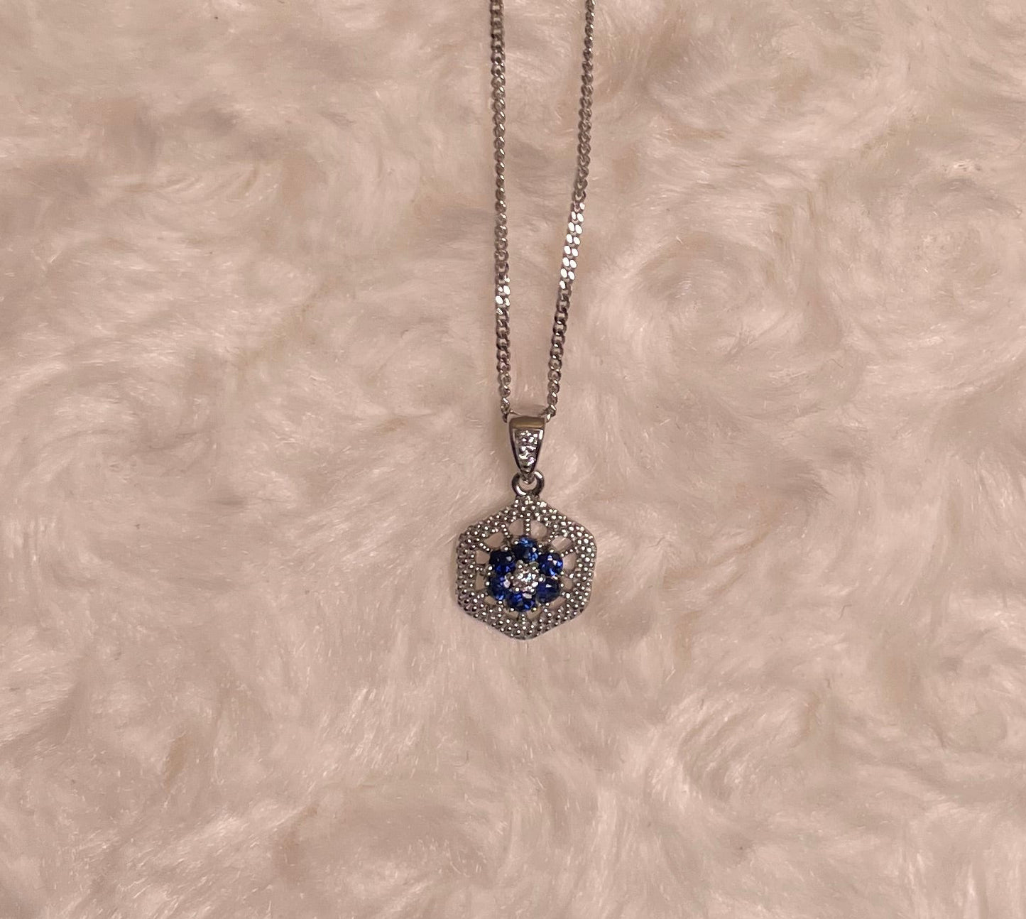 9ct White Gold Sapphire & Diamond Hexagonal Design Pendant Necklace