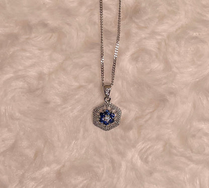 9ct White Gold Sapphire & Diamond Hexagonal Design Pendant Necklace