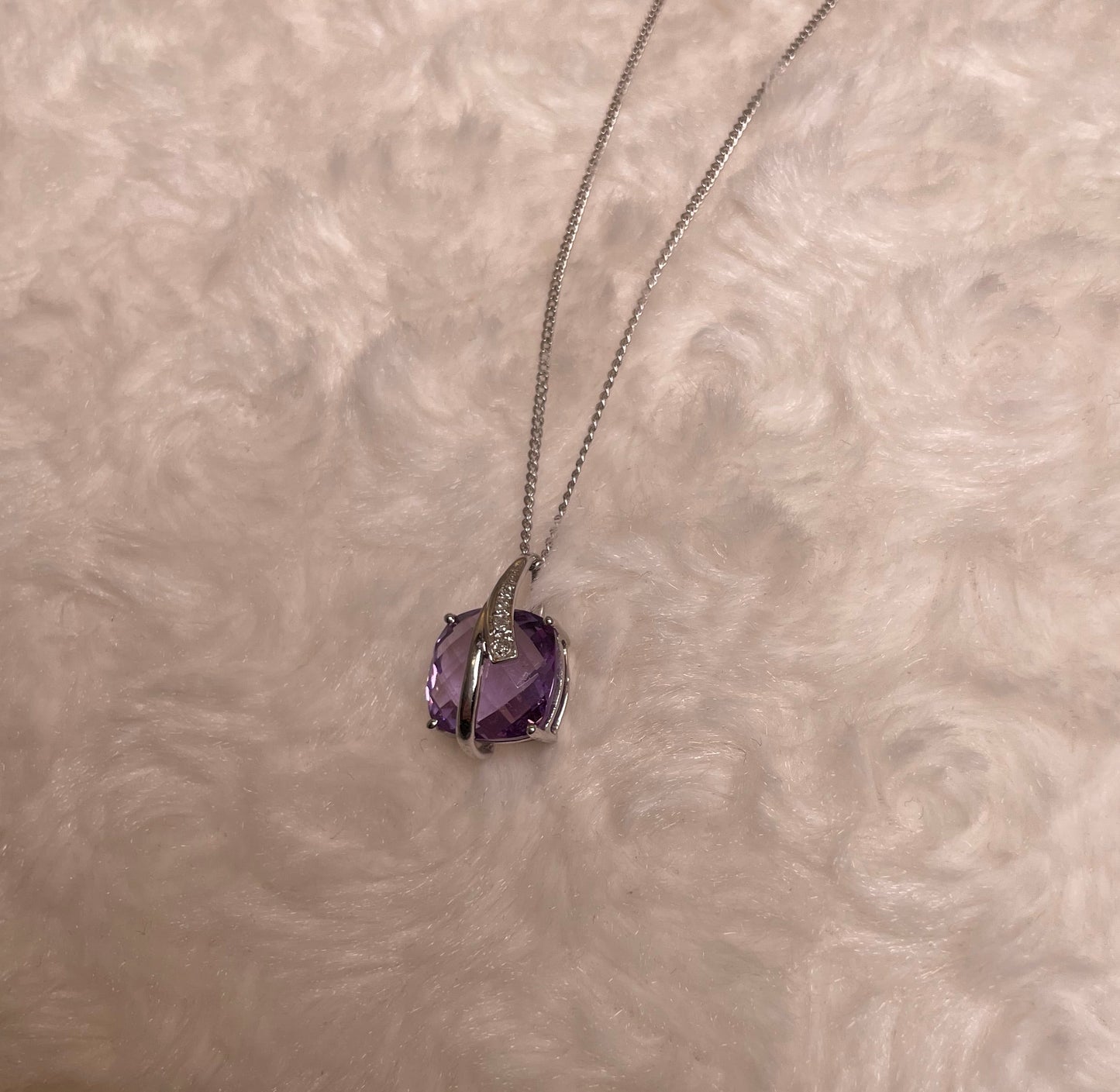 9ct White Gold Amethyst Pendant with Diamond Bale Surround Necklace