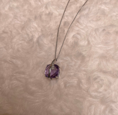 9ct White Gold Amethyst Pendant with Diamond Bale Surround Necklace