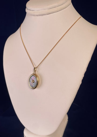 9ct Yellow Gold Grey Mother of Pearl Oval Locket With Small Diamond Centre