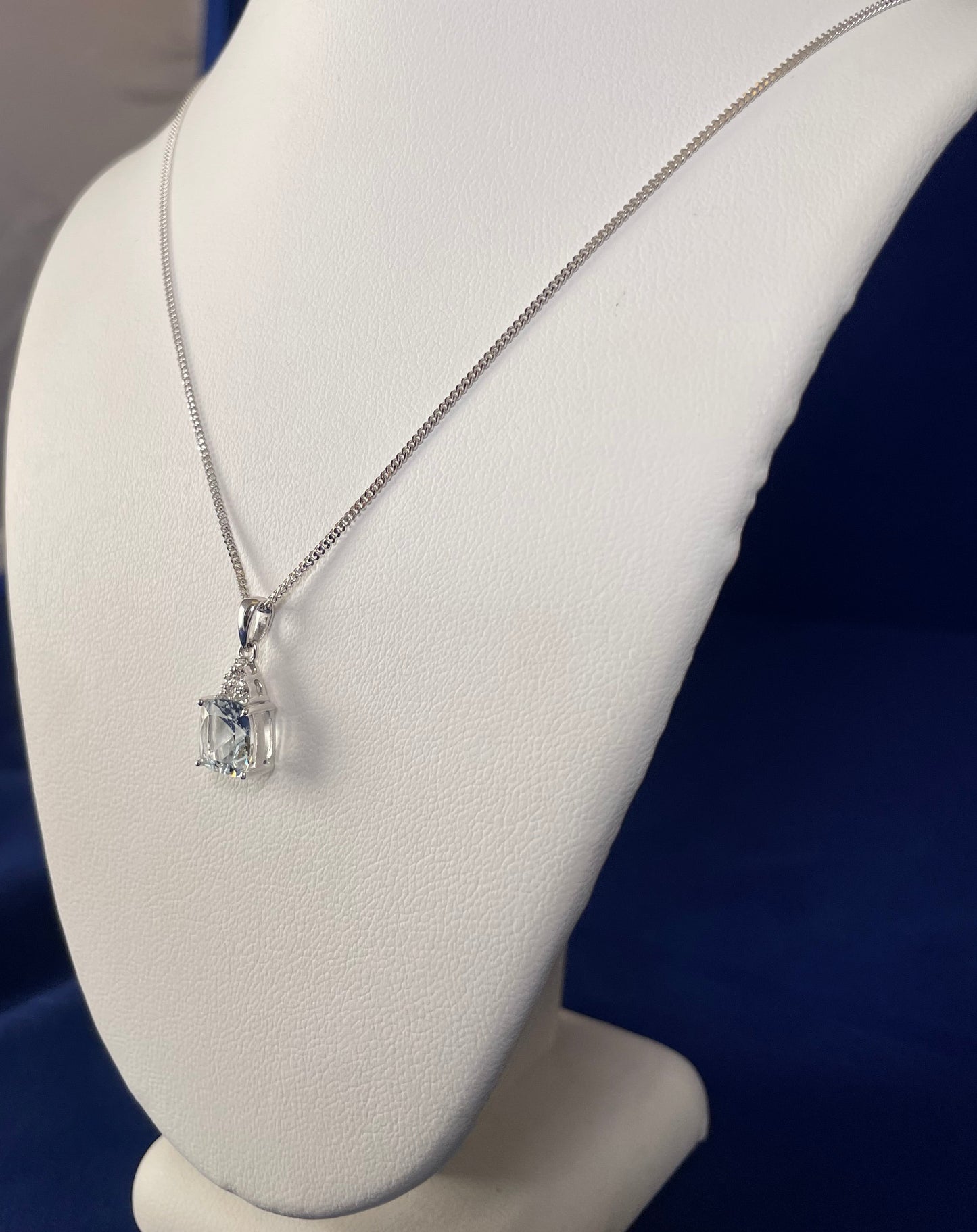 9ct White Gold Cushion Shape Aquamarine with Diamond Chips Pendant Necklace