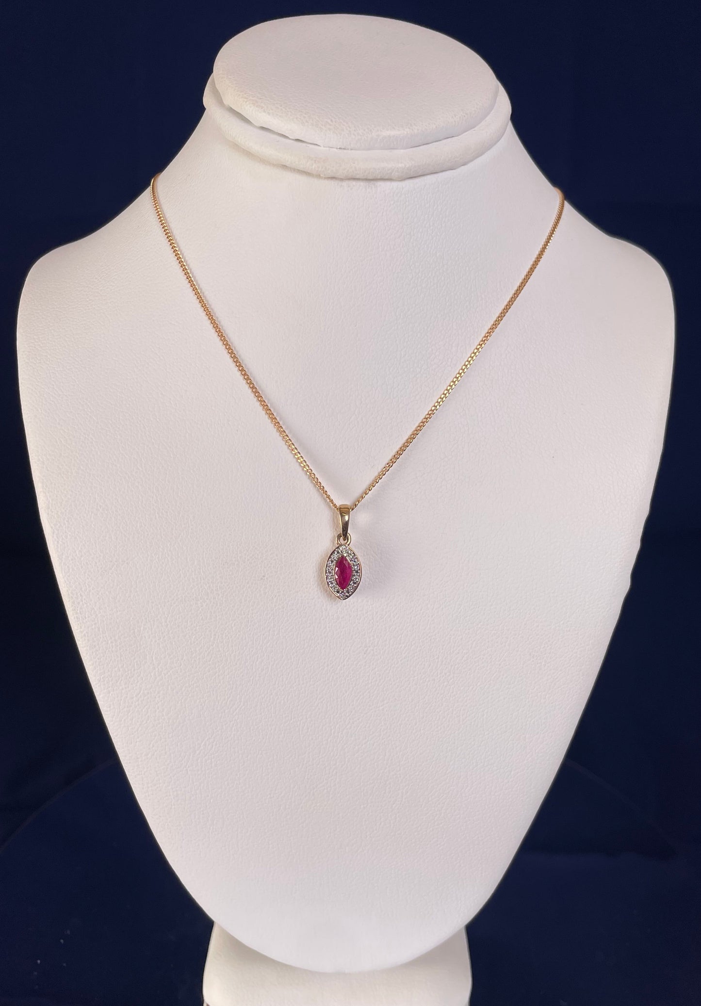 9ct Yellow Gold Marquise Ruby & Diamond Pendant Necklace
