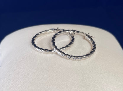 9ct White Gold Flat Twist Hoop Earrings