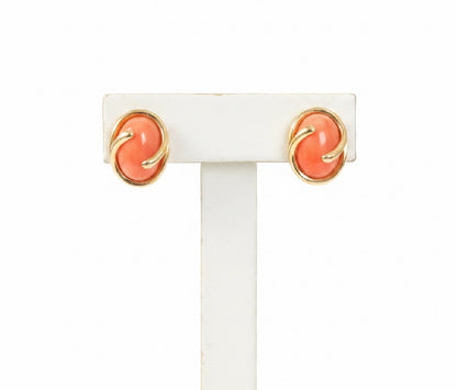 9ct Yellow Gold Oval Coral Cabochon Stud Earring